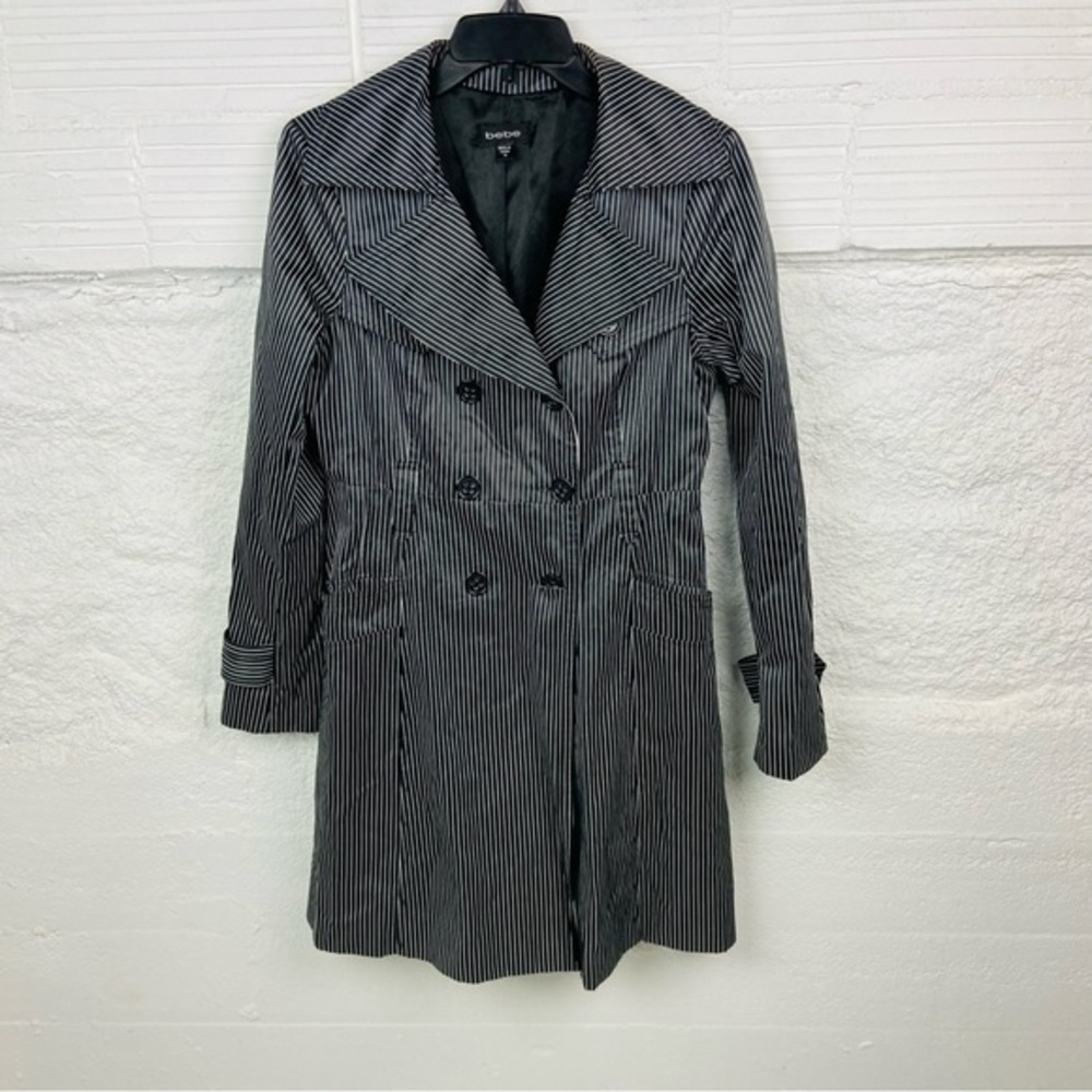 BEBE black silky satin pinstripes Y2K trench coat size medium